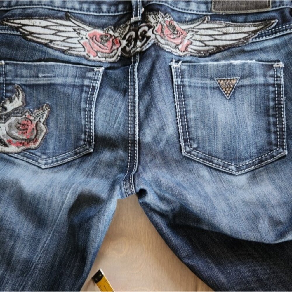 Vintage‎ Guess 26 Blue Straight Leg Hemmed Bejewelled Angel Bum Very Short Jeans